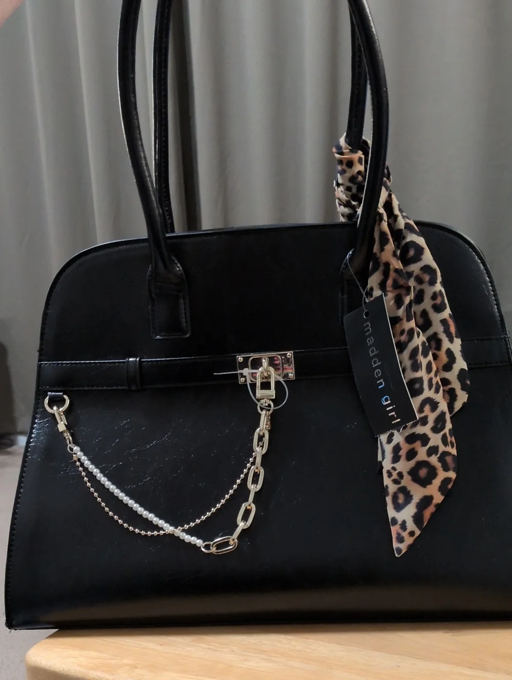 Black Madden Girl Satchel Bag With Leopard Scarf Accent